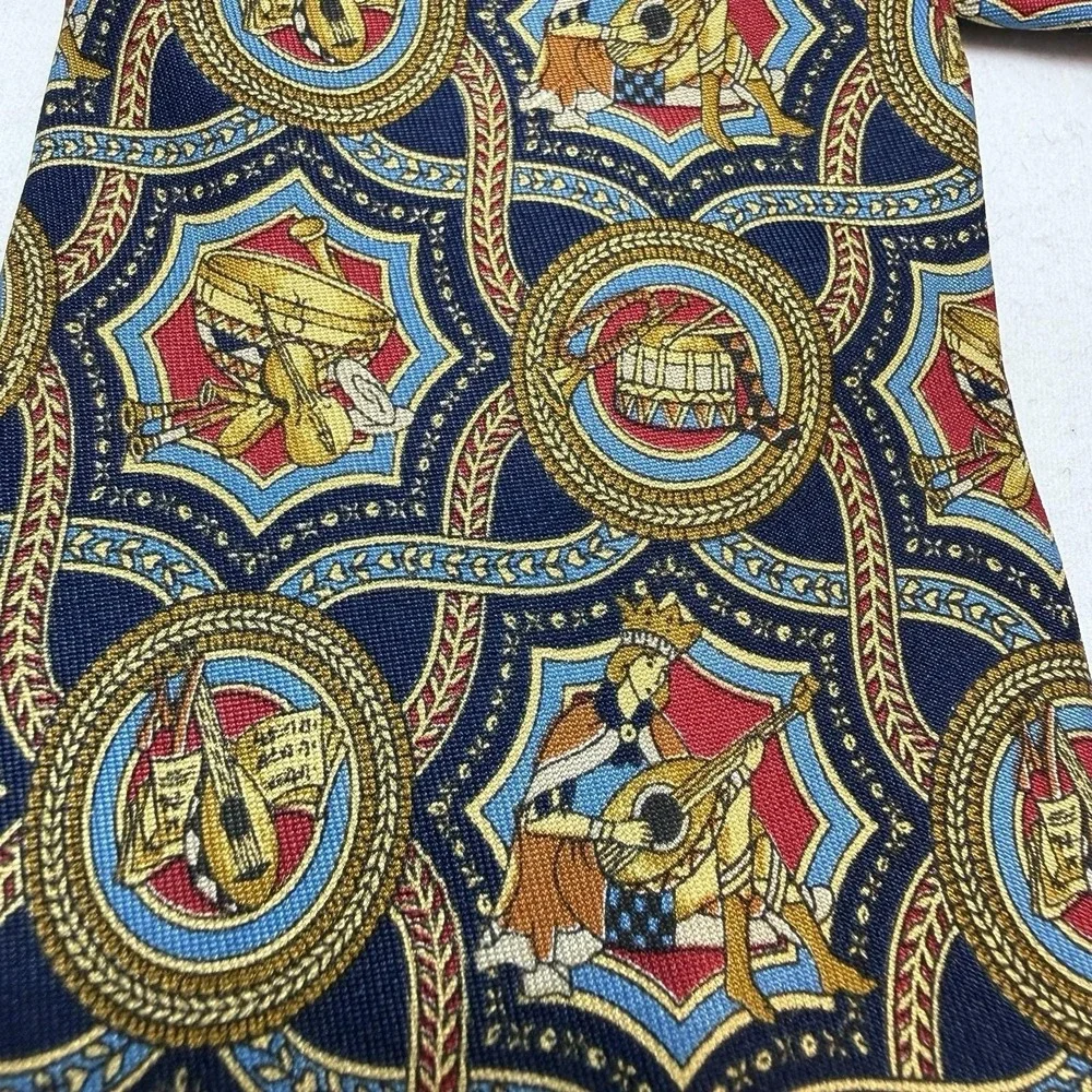 Vintage Ferragamo‎ Silk Tie Music Instrument Medallion Print Italian Luxury 90's